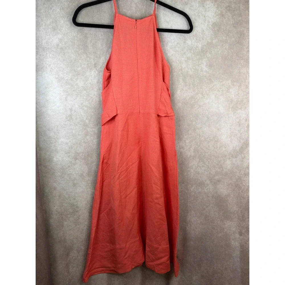LOFT Dress Womens 0 Coral Linen Blend Halter Tie Waist Midi Sun‎ Dress Pockets
